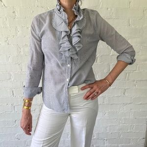 J.Crew, Size 6, white/navy stripe, button-down ruffle blouse.